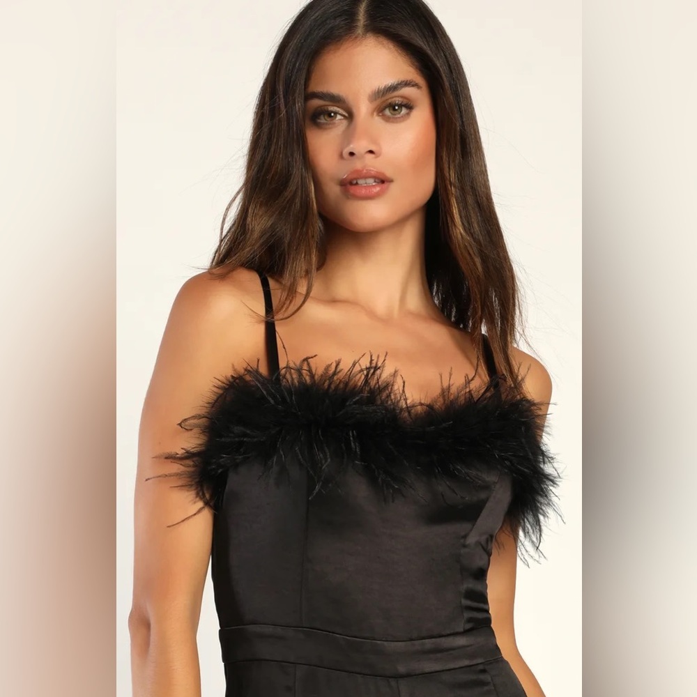 Lulus Black Satin Feather Wide-Leg Jumpsuit